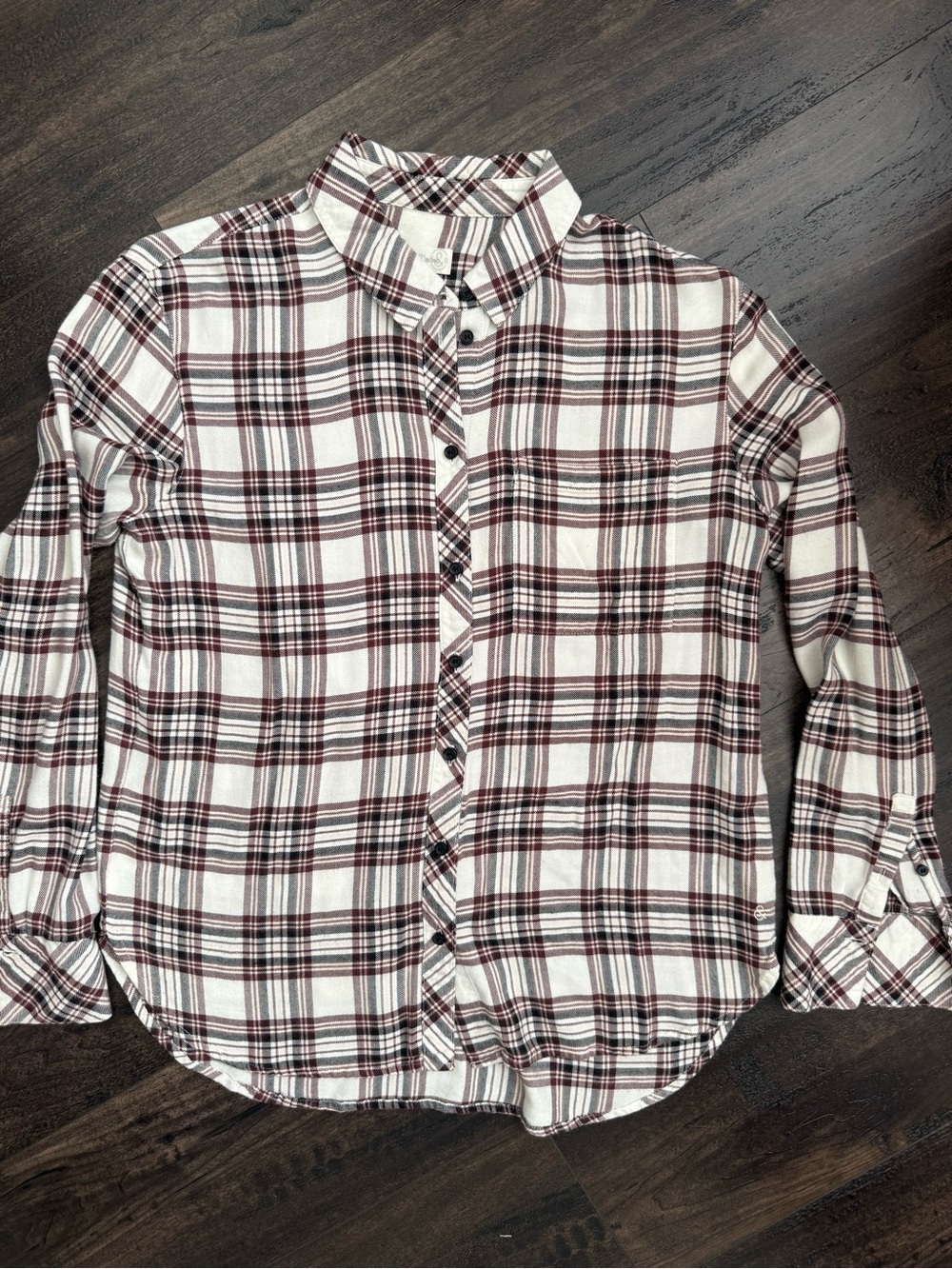 Treasure & Bond Boyfriend Plaid Flannel Shirt XS Rayon Blend Cream Burgundy Soft